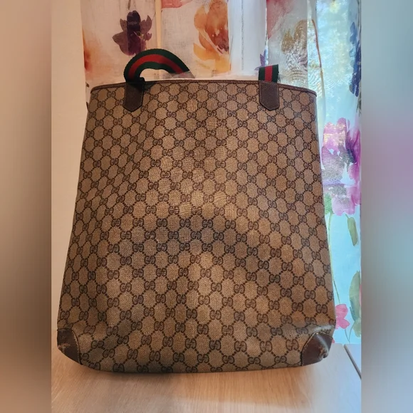 Used Authenticated Gucci‎ monogrammed tote with greenred striped handles Totes